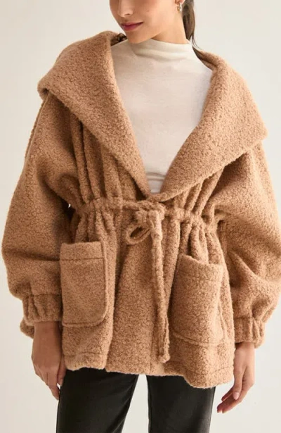 Crescent Cinched Waist Hooded Boucle Jacket In Brown
