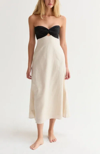 Crescent Colorblock Front Twist Linen Midi Dress In Neutral