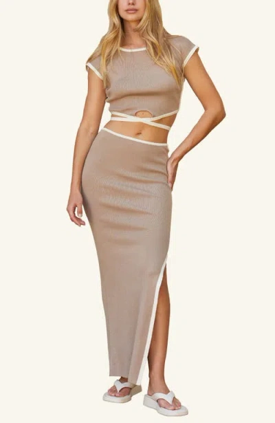 Crescent Contrast Binding Knit Two Piece Set In Taupe/cream