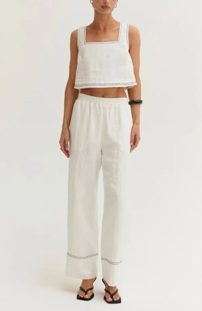 Crescent Contrast Stitch Cropped Top & Pants Linen Two Piece Set In Multi