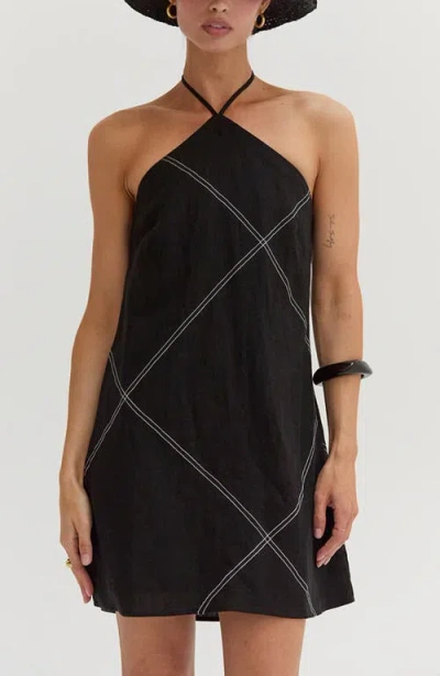 Crescent Contrast Stitch Halter Linen Mini Dress In Black