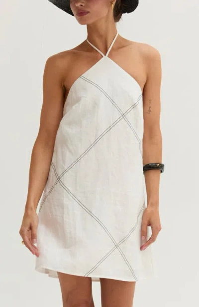 Crescent Contrast Stitch Halter Linen Mini Dress In White