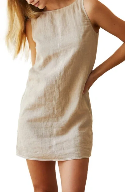 Crescent Contrast Stitch Linen Mini Shift Dress In Nude