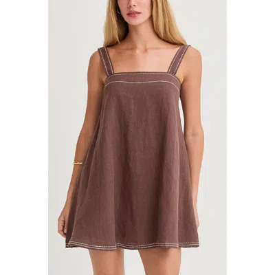 Crescent Contrast Stitch Square Neck Linen Mini Dress In Brown