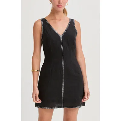 Crescent Contrast Stitch V-neck Linen Mini Dress In Black