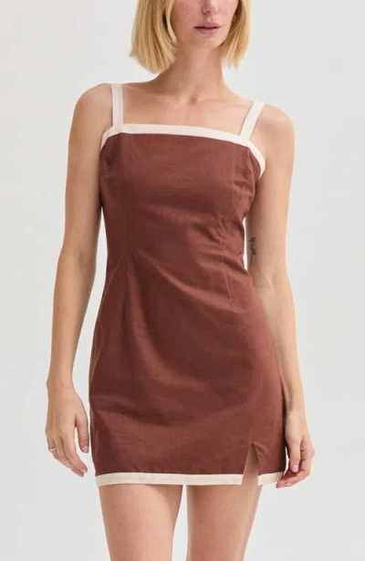 Crescent Contrast Trim Linen Blend Mini Dress In Brown