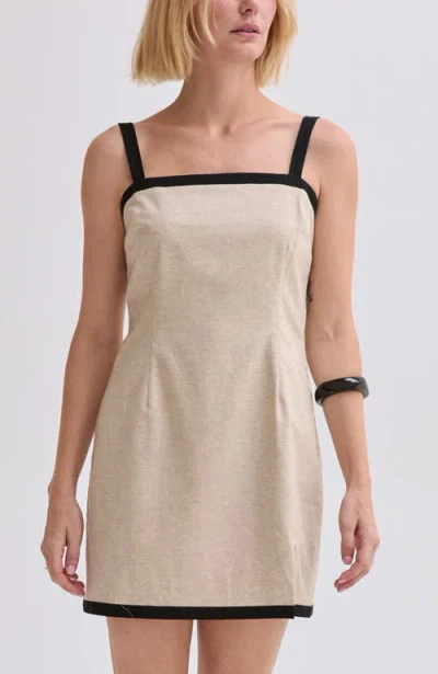 Crescent Contrast Trim Linen Blend Mini Dress In Brown