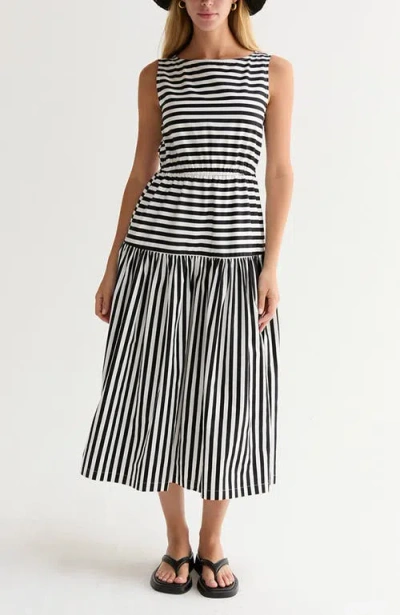 Crescent Cotton Blend Gathered Stripe Midi Dress In Black
