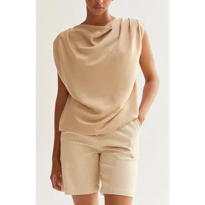 Crescent Cowl Neck Crushed Satin Top In Neutral