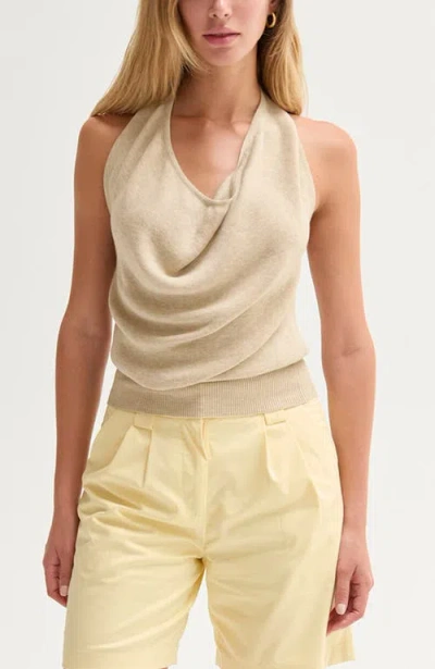 Crescent Cowl Neck Halter Knit Top In Neutral