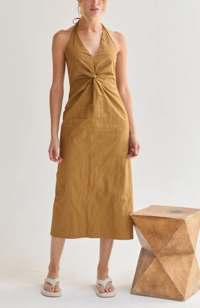 Crescent Crinkled Woven Halter Midi Dress In Neutral