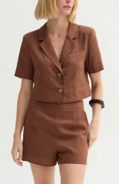 Crescent Cropped Linen Blend Blazer In Animal Print