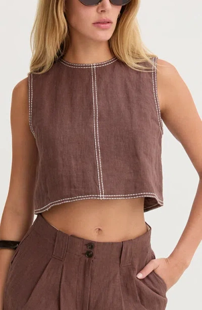 Crescent Embroidered Contrast Stitch  Linen Crop Top In Brown