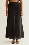 Crescent Embroidered Contrast Stitch Linen Maxi Skirt