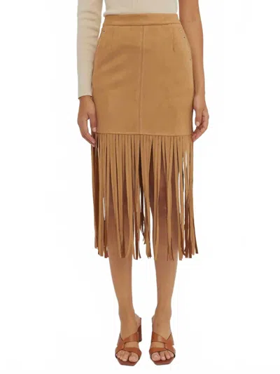 Crescent Fresh In Fringe Vegan Suede Skirt In Tan/beige In Brown