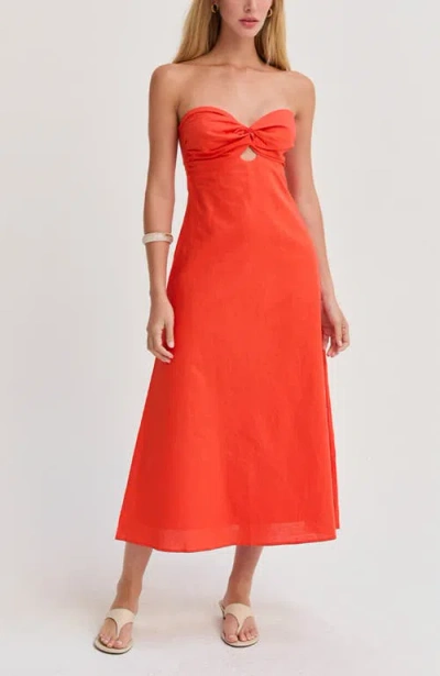 Crescent Front Twist Linen Midi Dress In Red