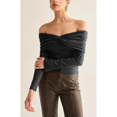 Crescent Front Twist Off Shoulder Knit Top In Blue