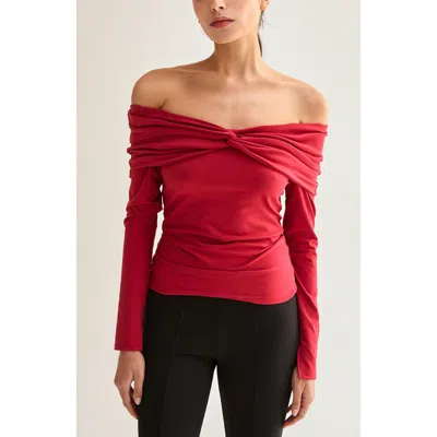 Crescent Front Twist Off Shoulder Knit Top In Red