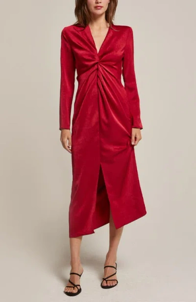 Crescent Front Twist Textured Satin Midi Dress In Red