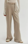 Crescent Gabardine Belted Wide Leg Trousers In Stone