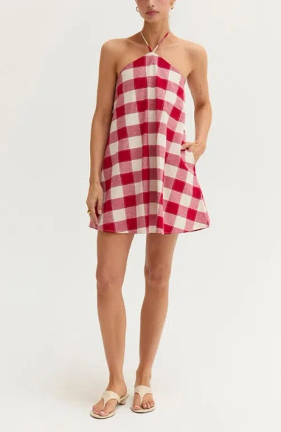 Crescent Gingham Halter Romper Dress In Red