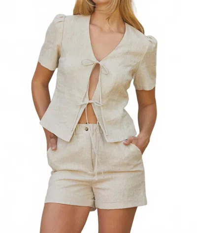 Crescent Gordina Tie Front Linen Top In Oatmeal In White
