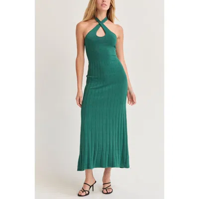 Crescent Halter Lurex Knit Midi Dress In Green