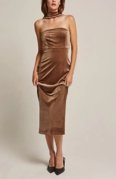 Crescent Halter Neck Velvet Tube Midi Dress In Brown