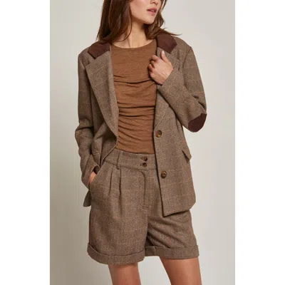 Crescent Herringbone Contrast Faux Suede Blazer In Brown