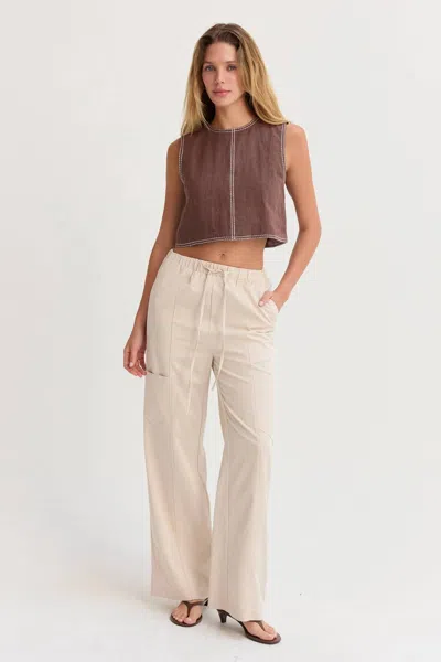 Crescent Kiara Contrast Stitch Linen Crop Top In Brown In Multi