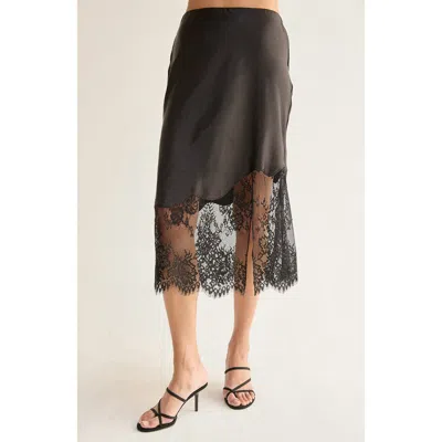 Crescent Lace Hem Satin Midi Skirt In Black