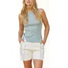 Crescent Lace Up Linen Blend Knit Tank Top In Blue