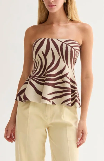 Crescent Leaf Print Jacquard Knit Peplum Top In Brown