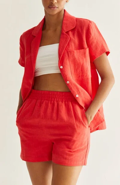 Crescent Linen Top & Shorts Two Piece Set In Red