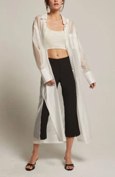 Crescent Long Line Sheer Button Up Top In White