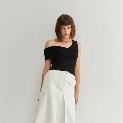 Crescent Lux White Denim Midi Skirt In Black