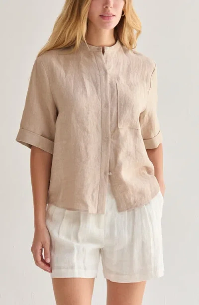 Crescent Mandarin Collar Button Up Linen Top In Neutral