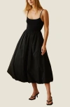 Crescent Mixed Media Bubble Skirt Midi Dress In Black