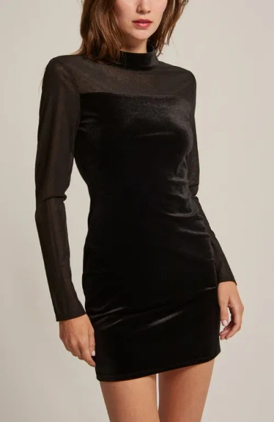Crescent Mock Neck Mixed Media Velvet Mini Dress In Black