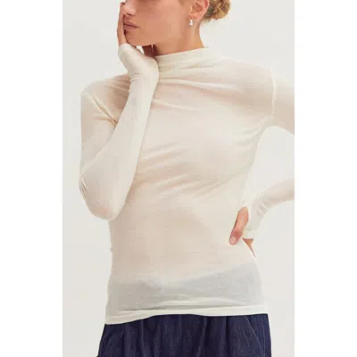 Crescent Mock Neck Semi Sheer Knit Top In White