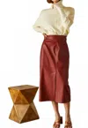 Crescent Natalie Vegan Pu Midi Skirt With Side Buckle In Brick In Red
