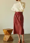 Crescent Natalie Vegan Pu Midi Skirt With Side Buckle In Brick In Red