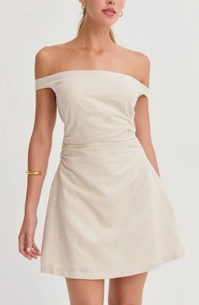 Crescent Off Shoulder Side Ruched Linen Mini Dress In Brown