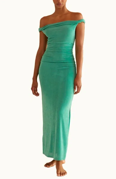 Crescent Off Shoulder Slinky Knit Maxi Dress In Green