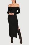 Crescent Off Shoulder Sweater Midi Dress In Black