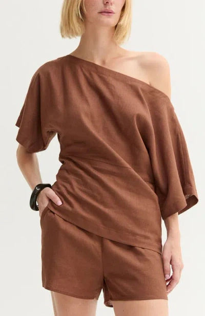 Crescent One Shoulder Linen Blend Top In Brown
