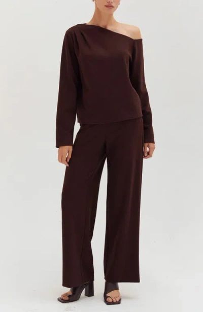 Crescent One Shoulder Top & Flowy Pants Two Piece Set In Brown