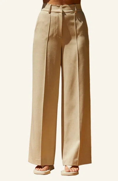 Crescent Pleated Wide Leg Trouser Pants In Custard
