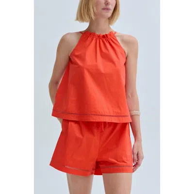 Crescent Poplin Lattice Trim Halter Top In Orange