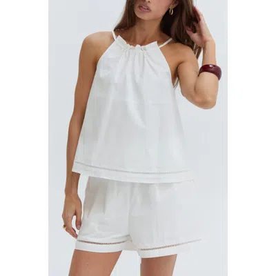 Crescent Poplin Lattice Trim Halter Top In White